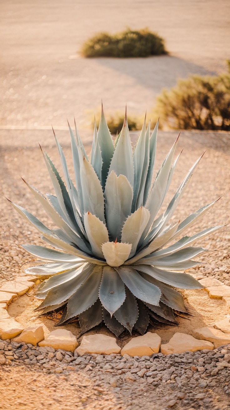 A large Agave americana plant with blue-green leaves surrounded by gravel and other cacti in a dry garden.