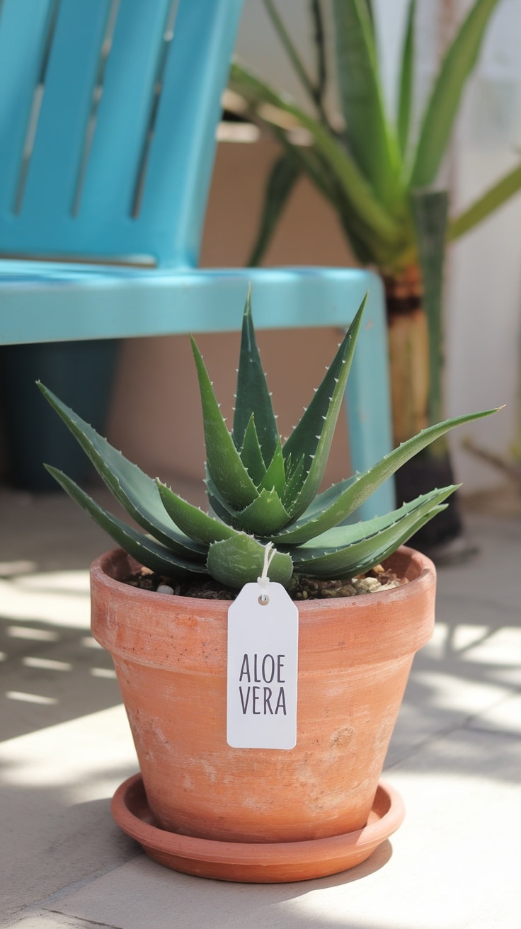 Aloe vera plant in a terracotta pot with a label showing its name