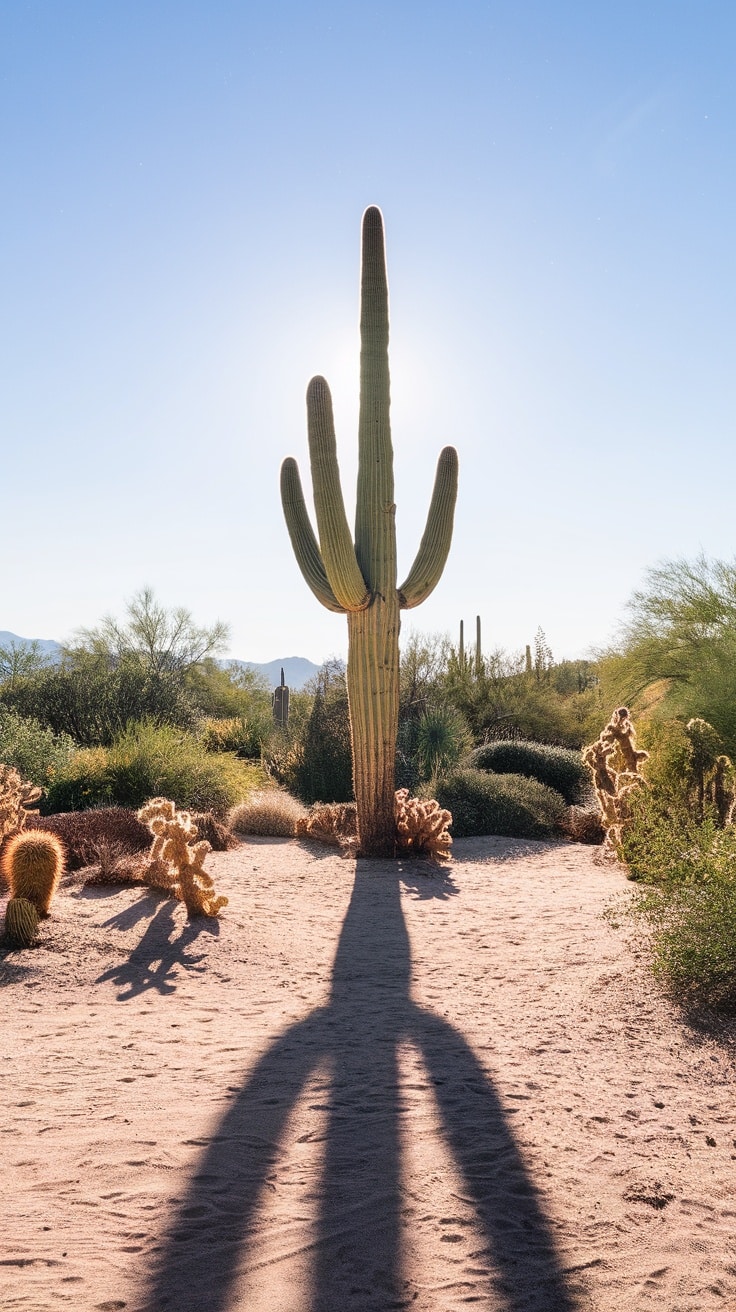 A tall Saguaro cactus in a desert landscape, casting a shadow on the sandy ground.