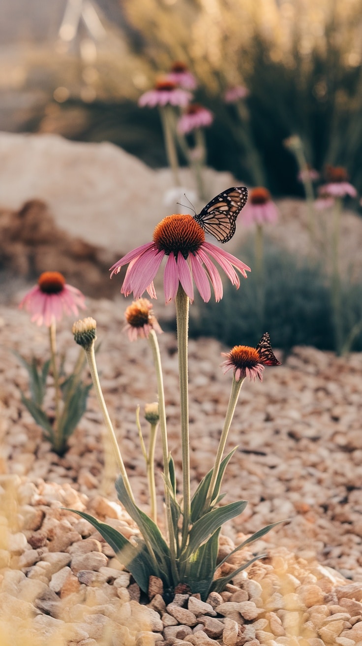 A butterfly resting on a purple coneflower amidst a dry garden setting