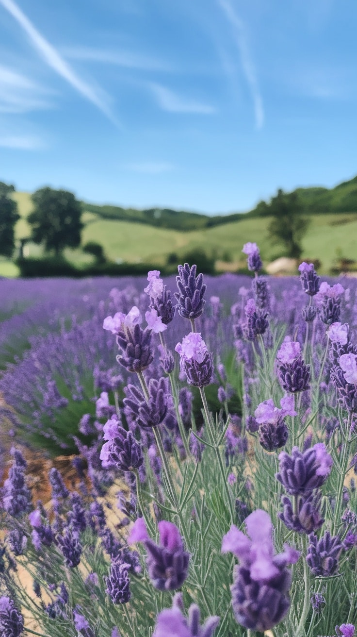 A field of English Lavender with vibrant purple flowers and a blue sky in the background