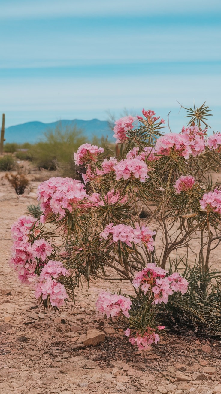 A blooming oleander plant with pink flowers in a dry landscape