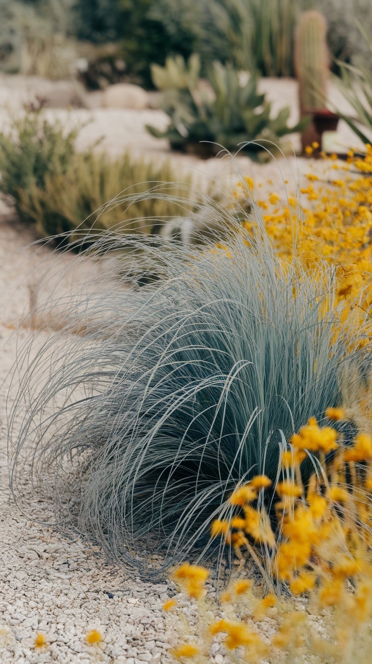 A clump of blue fescue grass surrounded by yellow flowers in a dry garden setting.