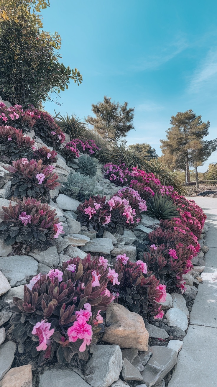 A steep slope covered with vibrant pink flowers and natural stones under a blue sky.