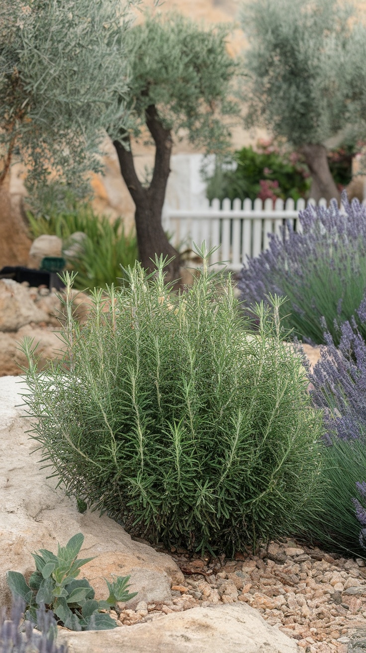 Rosemary plant growing amidst rocks and other greenery in a dry garden setting.
