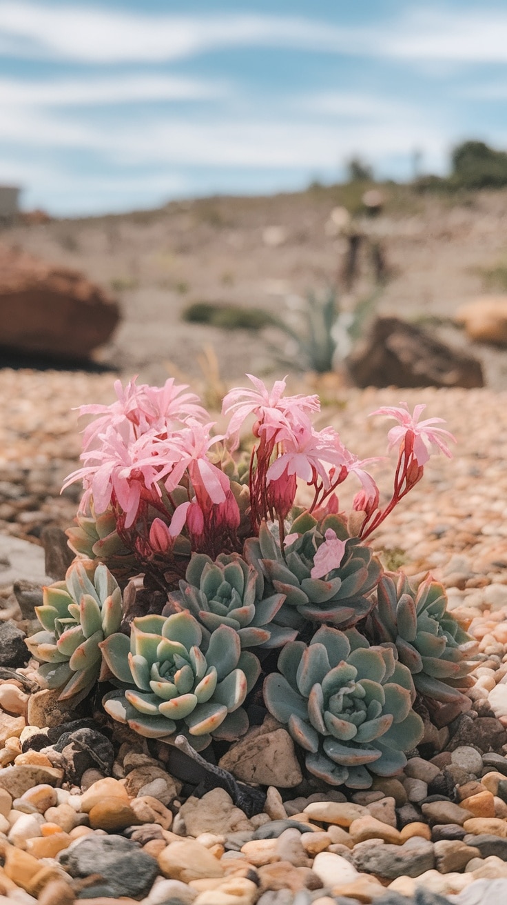 Close-up of Sedum spectabile (stonecrop) with pink flowers and succulent green leaves on a gravel bed.