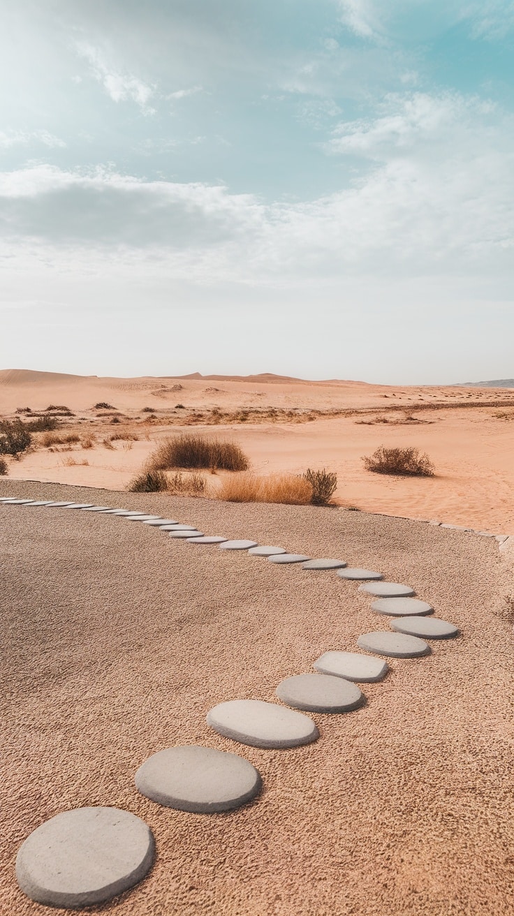 A pathway of circular stepping stones across gravel in a desert landscape