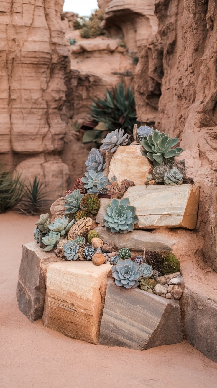 A tiered rock display featuring a variety of succulents arranged beautifully in a desert landscape.