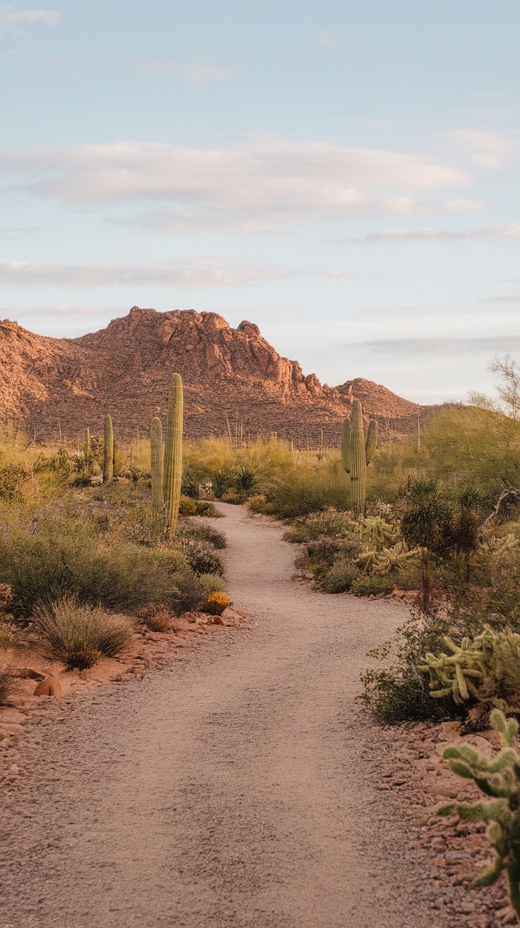 A winding gravel pathway in a desert landscape surrounded by cacti and mountains.