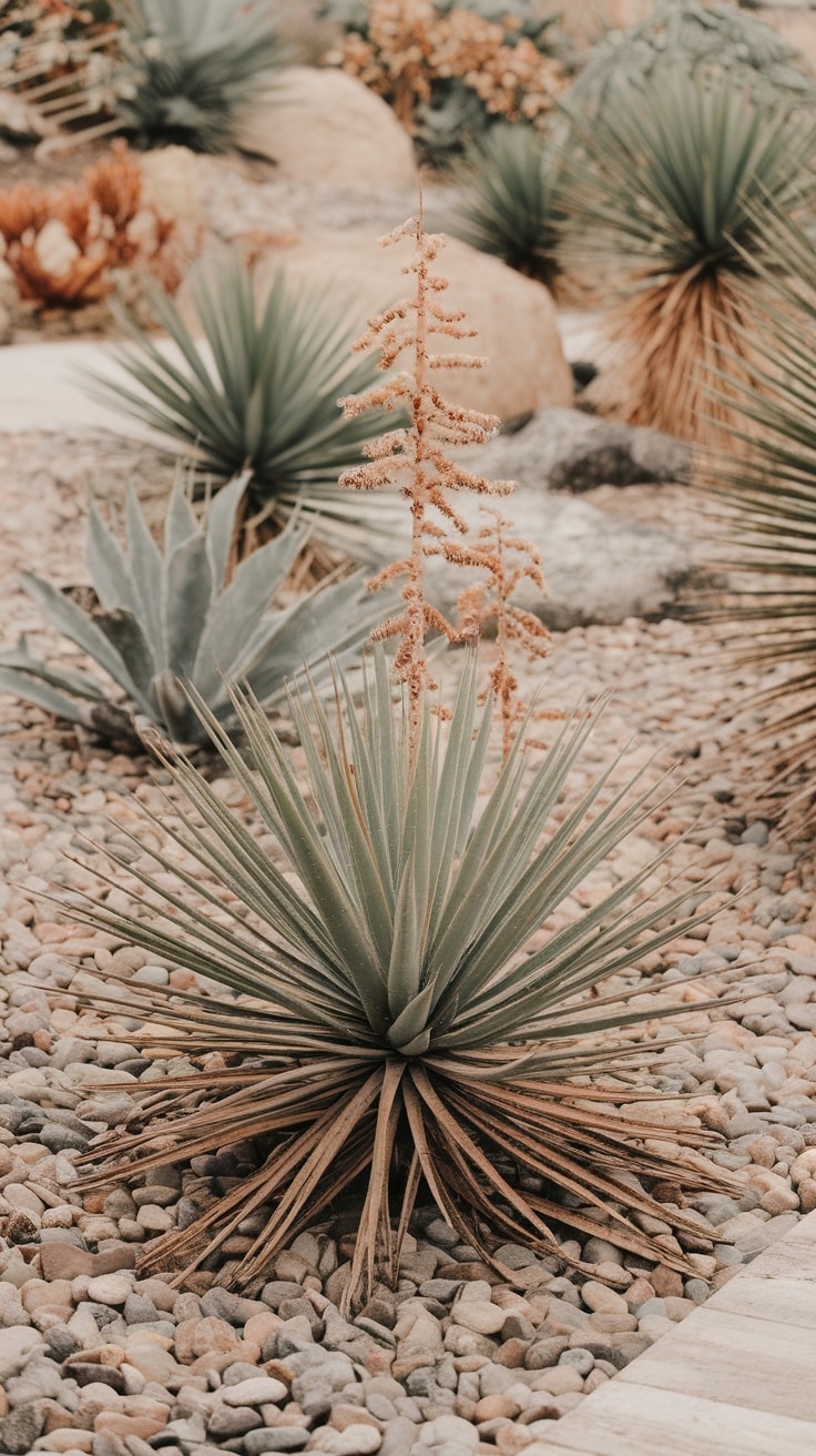 Yucca filamentosa, also known as Adam's Needle, with spiky leaves and a tall flower stalk in a rocky garden setting.