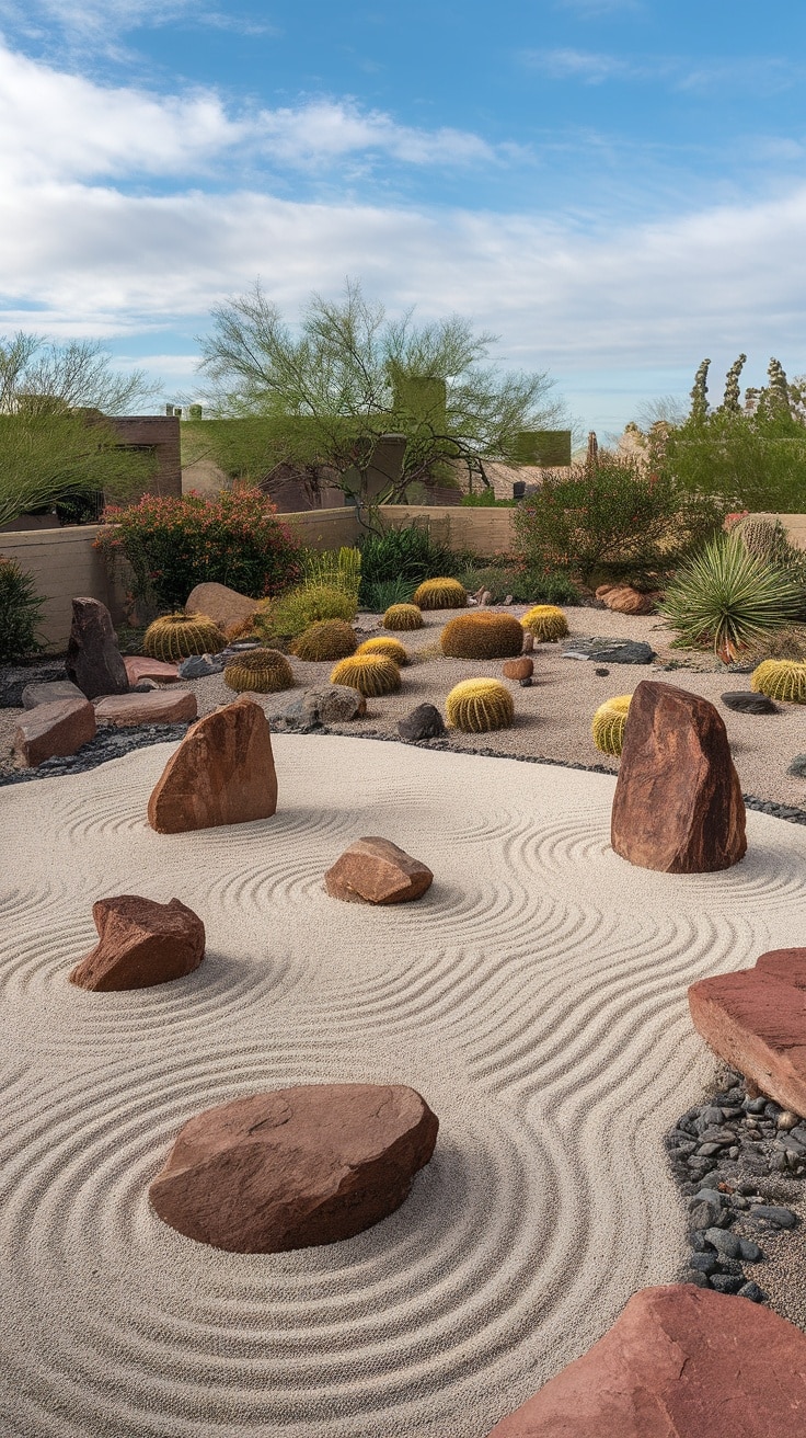 A serene Zen rock garden featuring raked sand, various rocks, and desert plants.