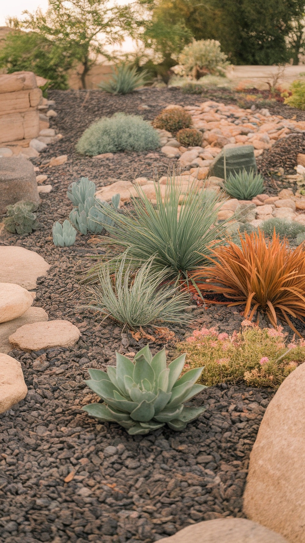 A xeriscaped yard featuring various succulents and decorative stones.