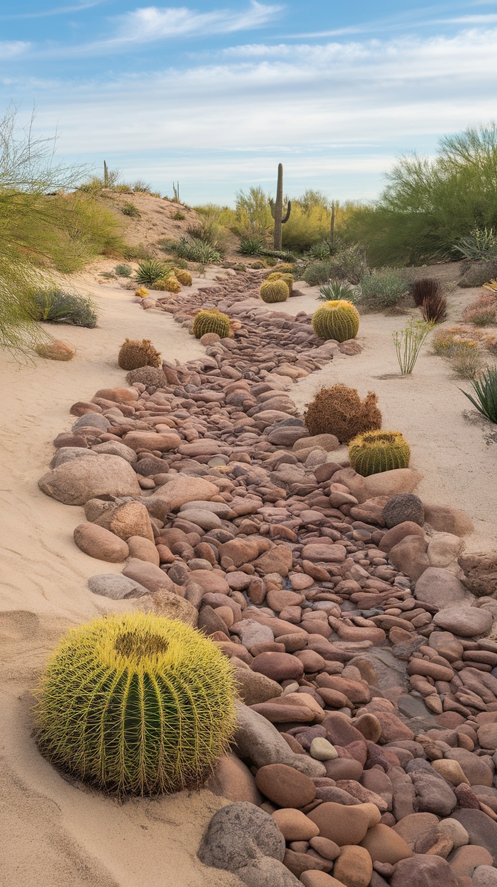 A dry creek bed with smooth stones and circular cacti in a Southwestern yard.