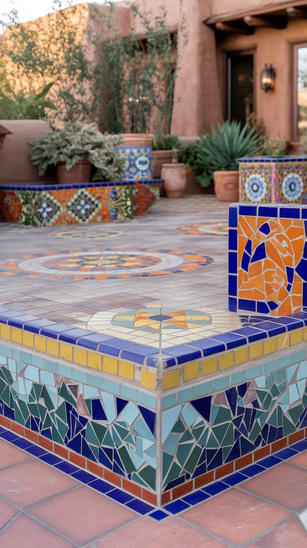 A beautifully designed patio featuring colorful mosaic tiles in various patterns and colors, surrounded by desert plants.