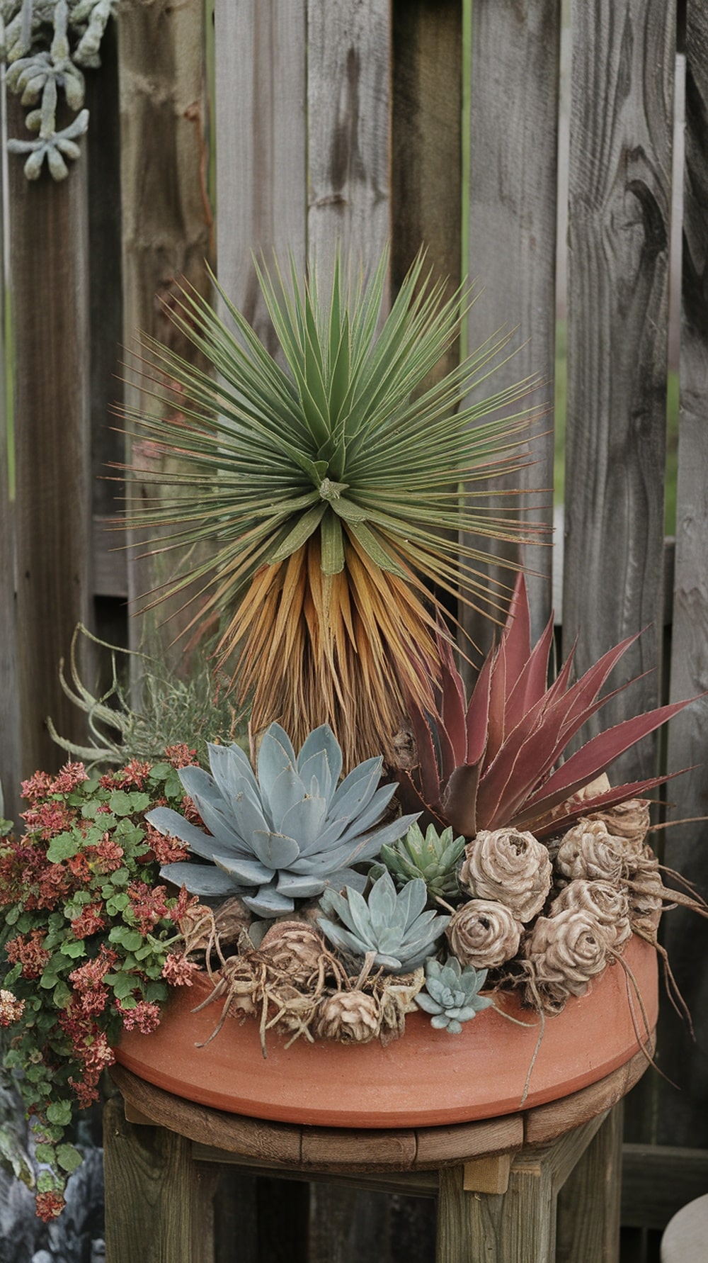 A vibrant display of drought-tolerant plants, including Adam's Needle and various succulents, in a terracotta pot.