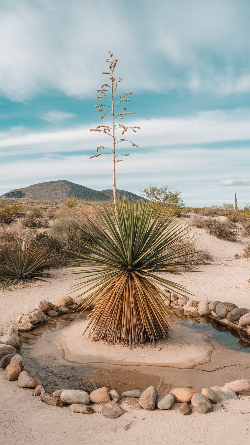A desert landscape featuring Adam's Needle surrounded by stones and a small water feature.