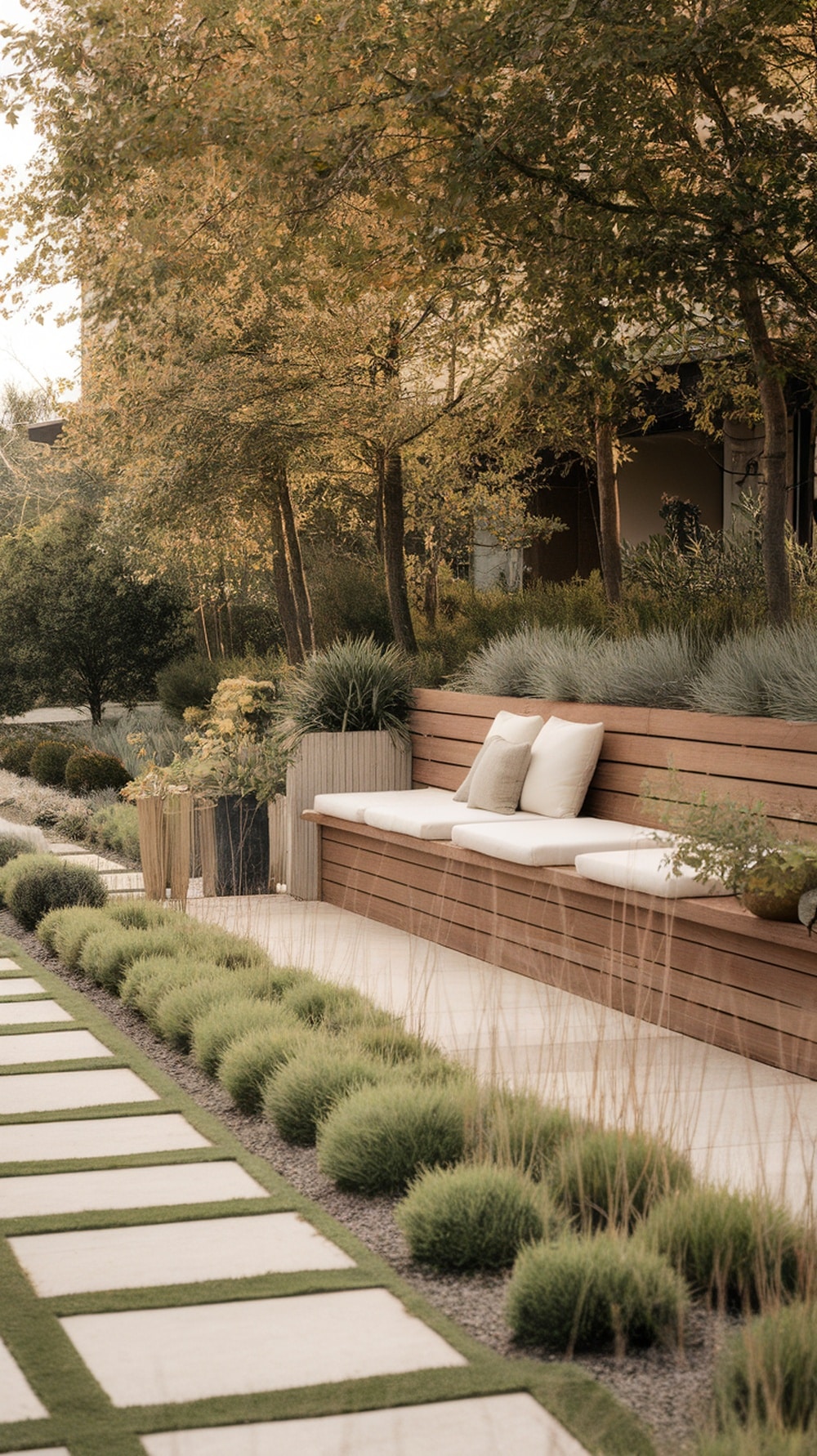 Stylish outdoor seating area with a wooden bench and lush greenery in a Southwestern yard.