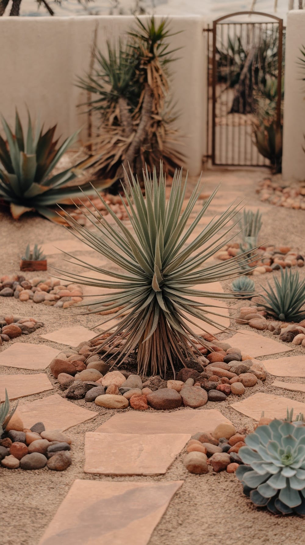 A dry garden featuring Adam's Needle with surrounding rocks and pathways.