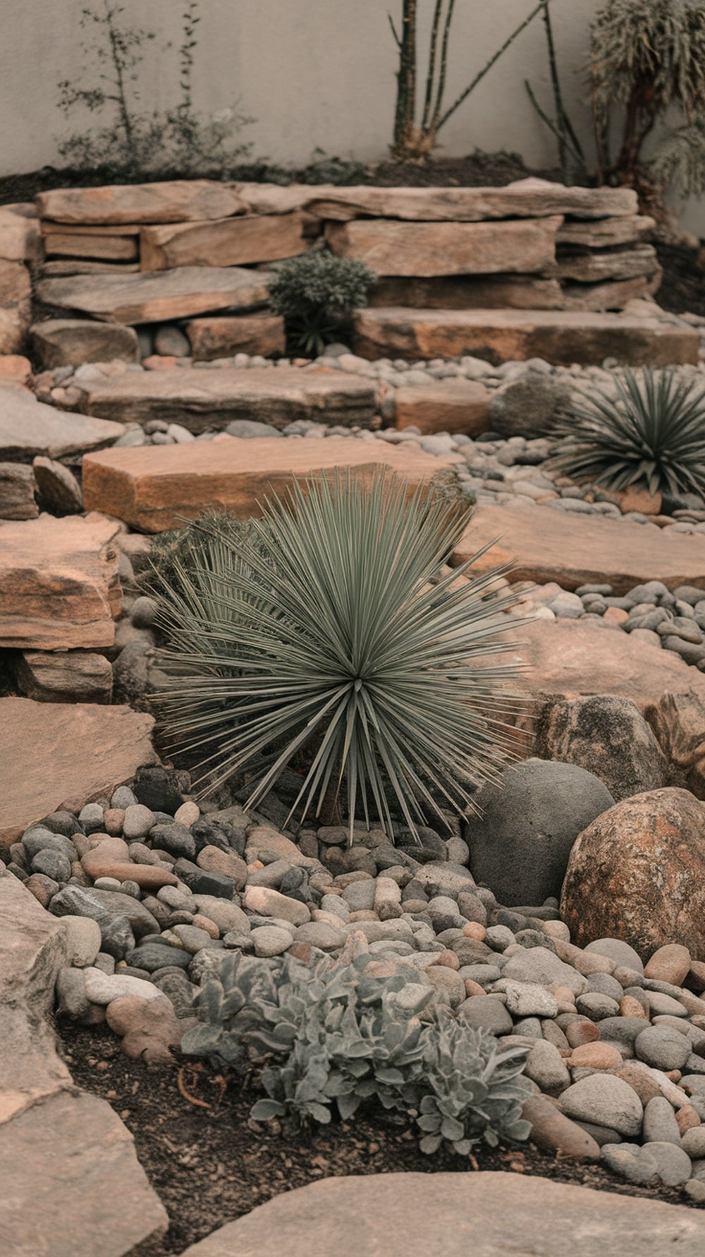 A rock garden featuring Adam's Needle surrounded by various stones and pebbles.