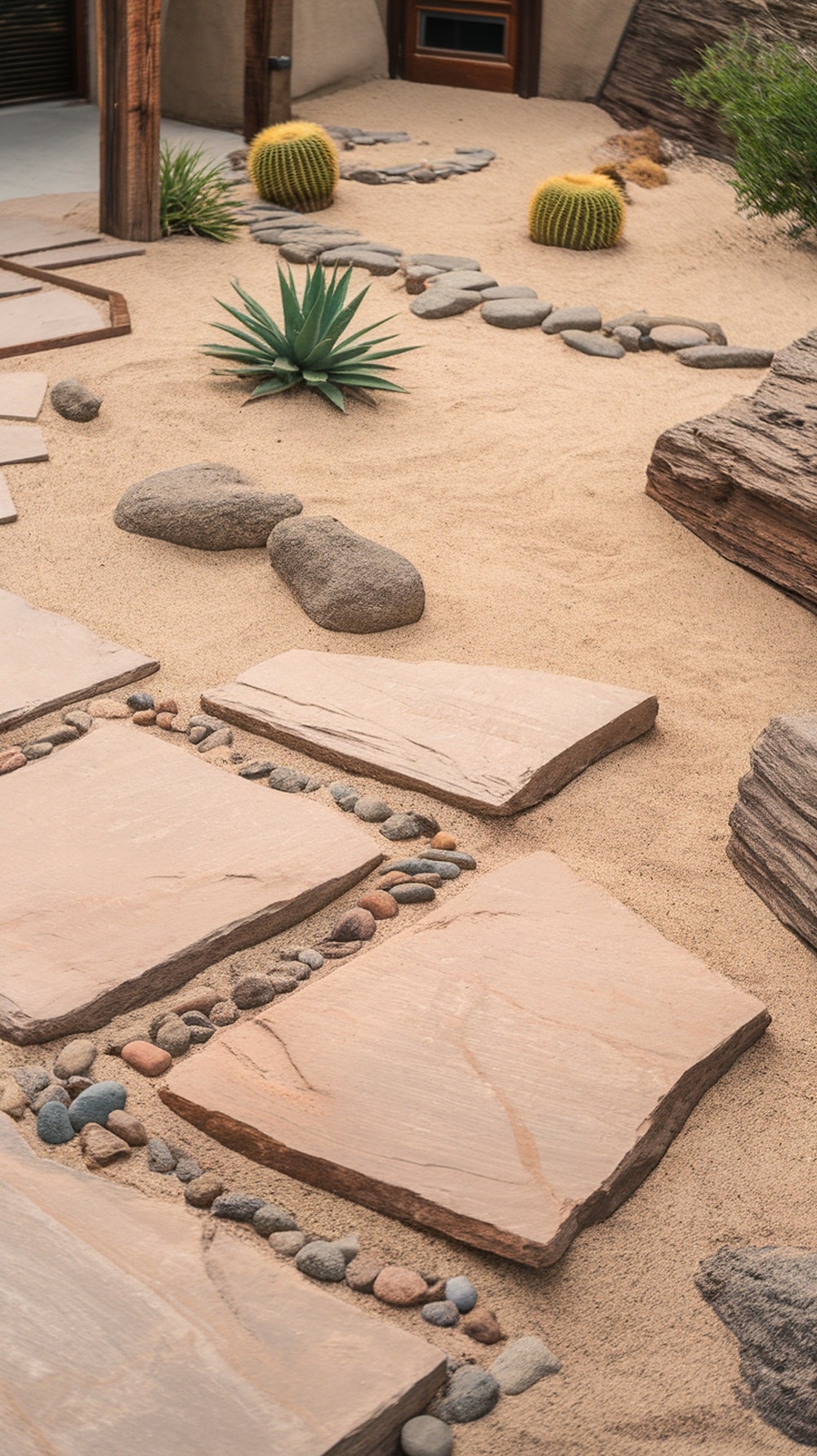A low-maintenance Southwestern yard featuring layered textures of stone and sand with succulent plants.