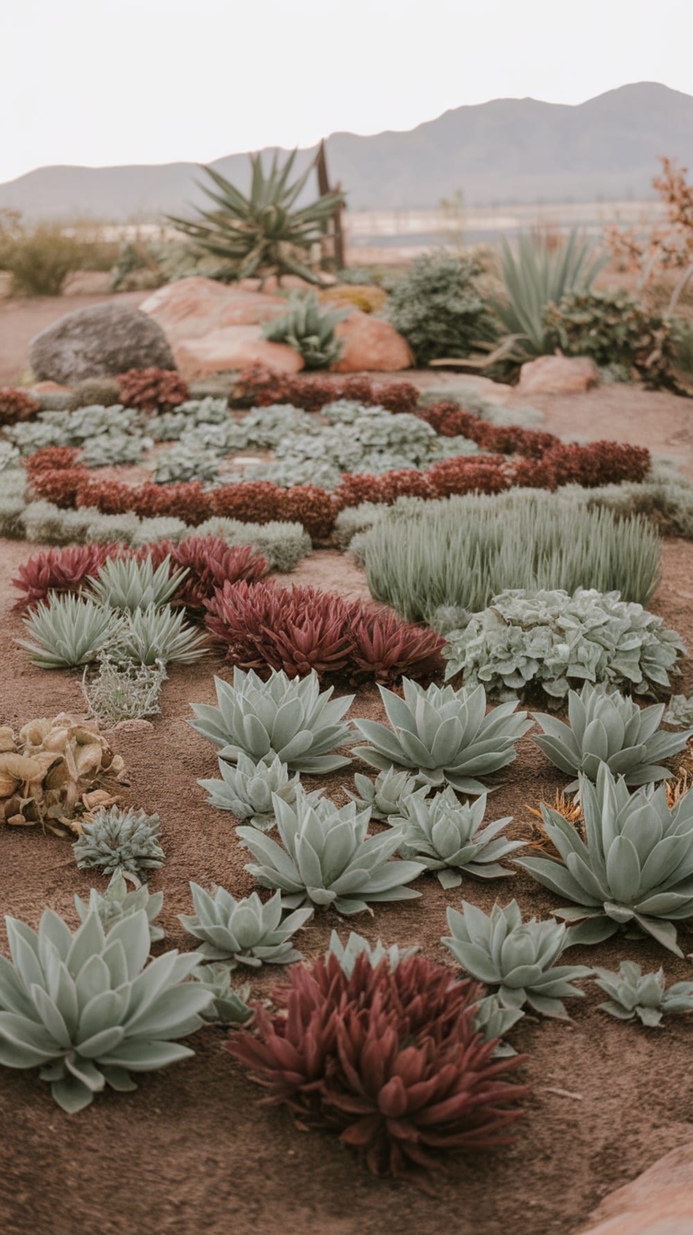 A garden bed featuring various succulents and native plants in a sandy landscape, showcasing diverse colors and textures.