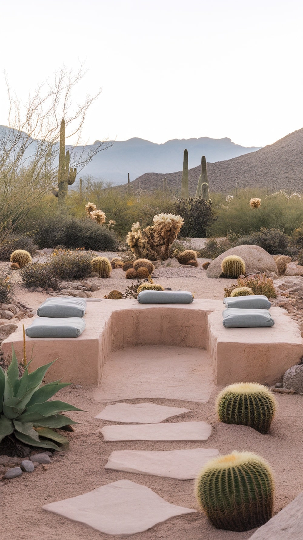 A minimalist meditation space with a rounded seating area, gray cushions, and desert plants in a Southwestern setting.
