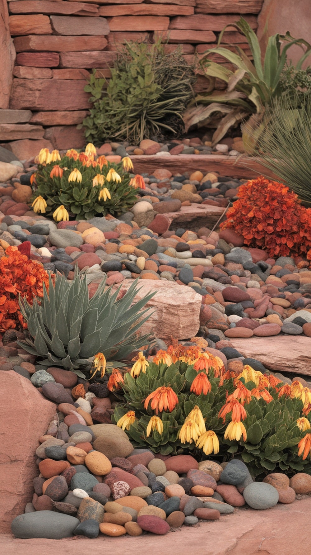 A colorful rock garden featuring yellow and orange flowers intertwined with smooth stones.