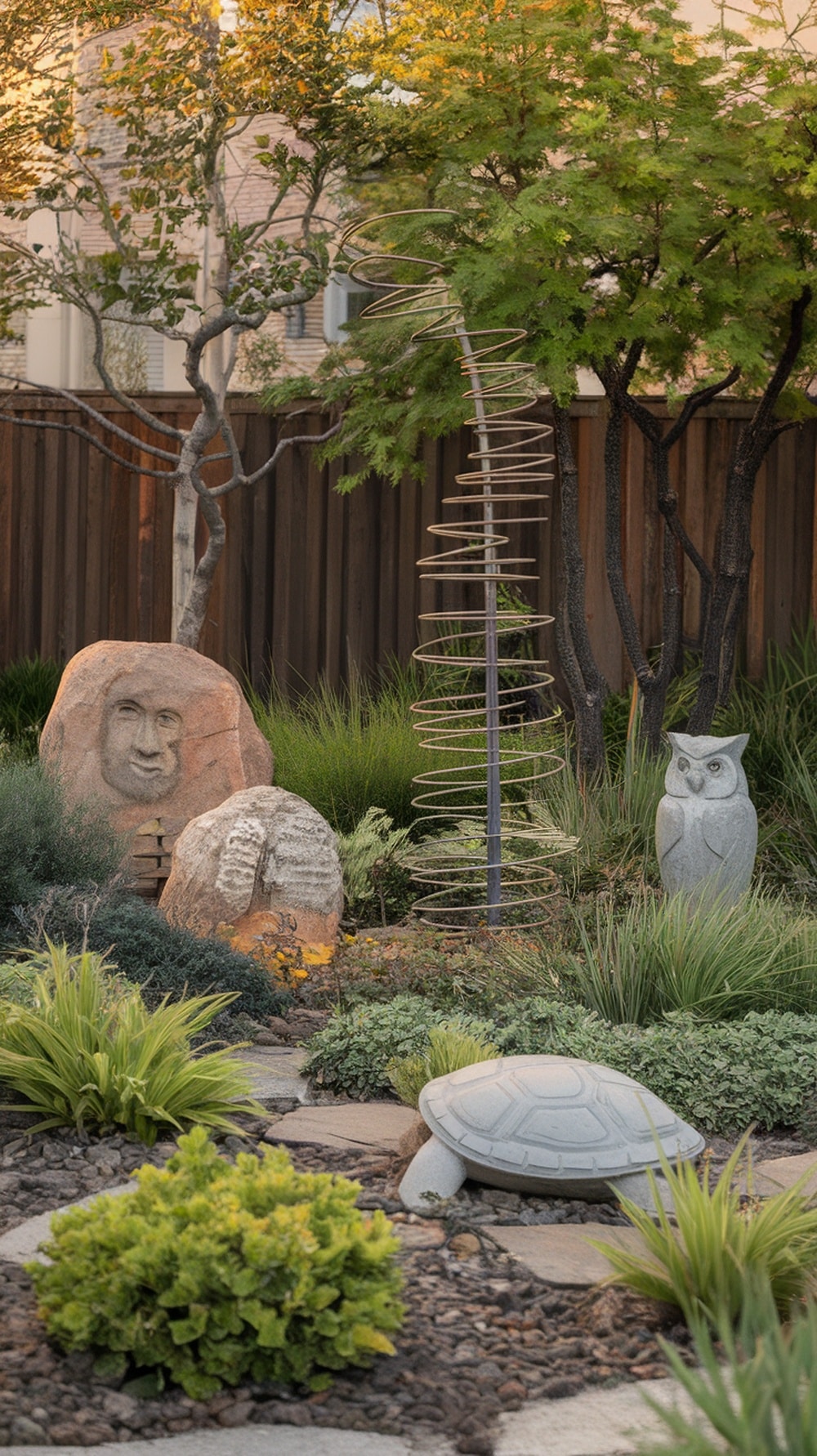 Sculptural garden art featuring a spiraling metal structure, carved stone sculptures, and lush greenery in a Southwestern yard.