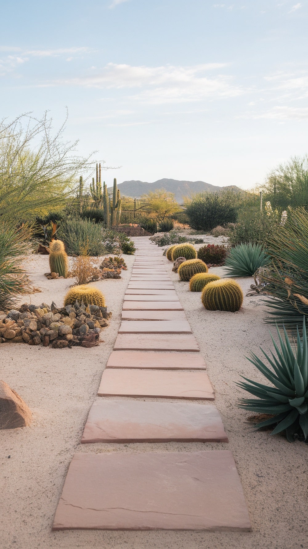 A pathway made of flagstone leading through a Southwestern garden with cacti and succulents.