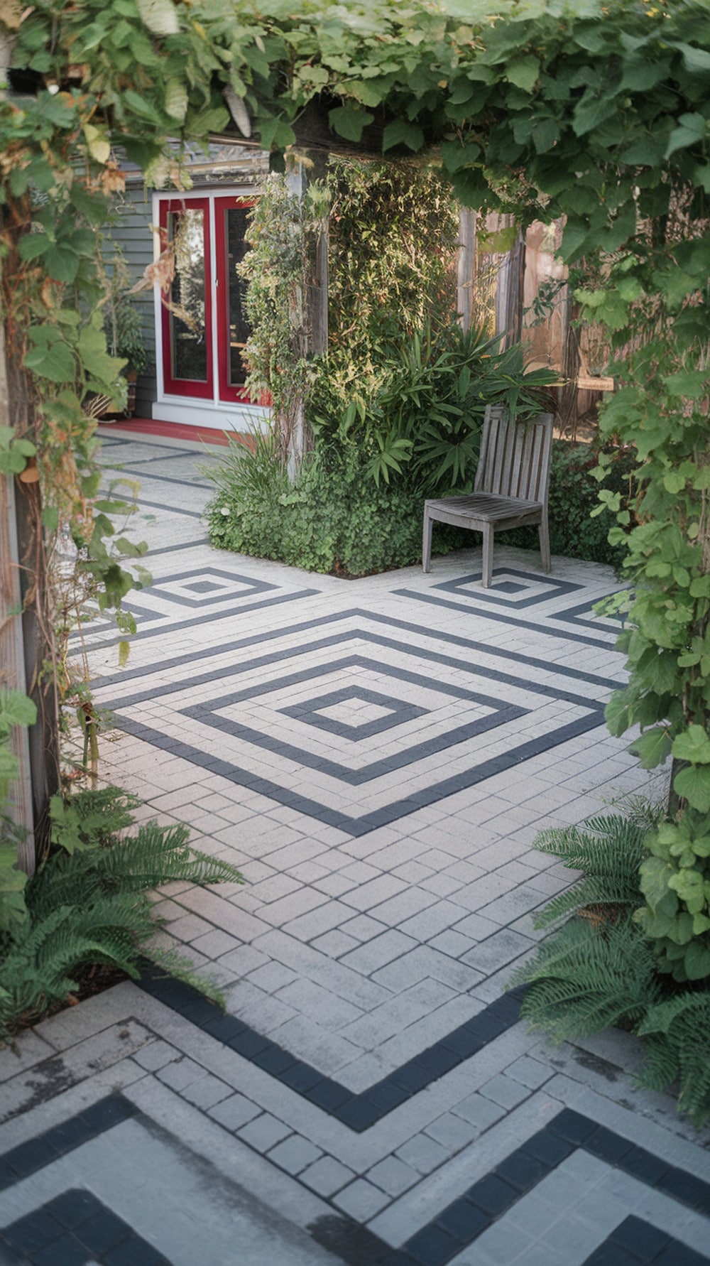 Stylish paver patterns in a low-maintenance Southwestern yard, featuring geometric designs and lush greenery.