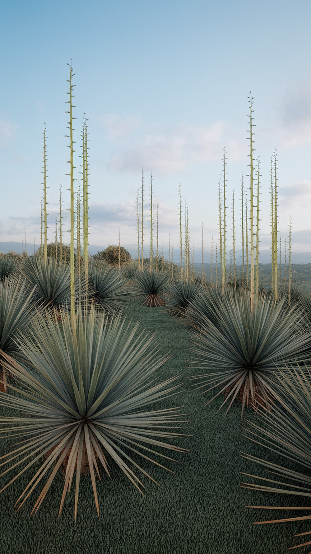 A field of Adam's Needle with tall flower spikes and spiky green leaves under a blue sky.