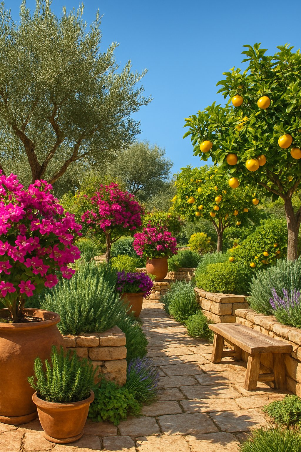 A sunlit Mediterranean garden with olive trees, flowering plants, citrus trees, stone pathways, and wooden benches under a clear blue sky.