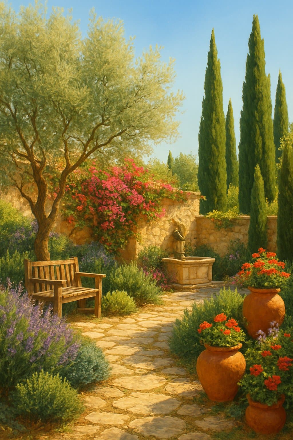 A sunlit garden with olive trees, flowering plants, stone pathways, and a water fountain under clear blue skies.