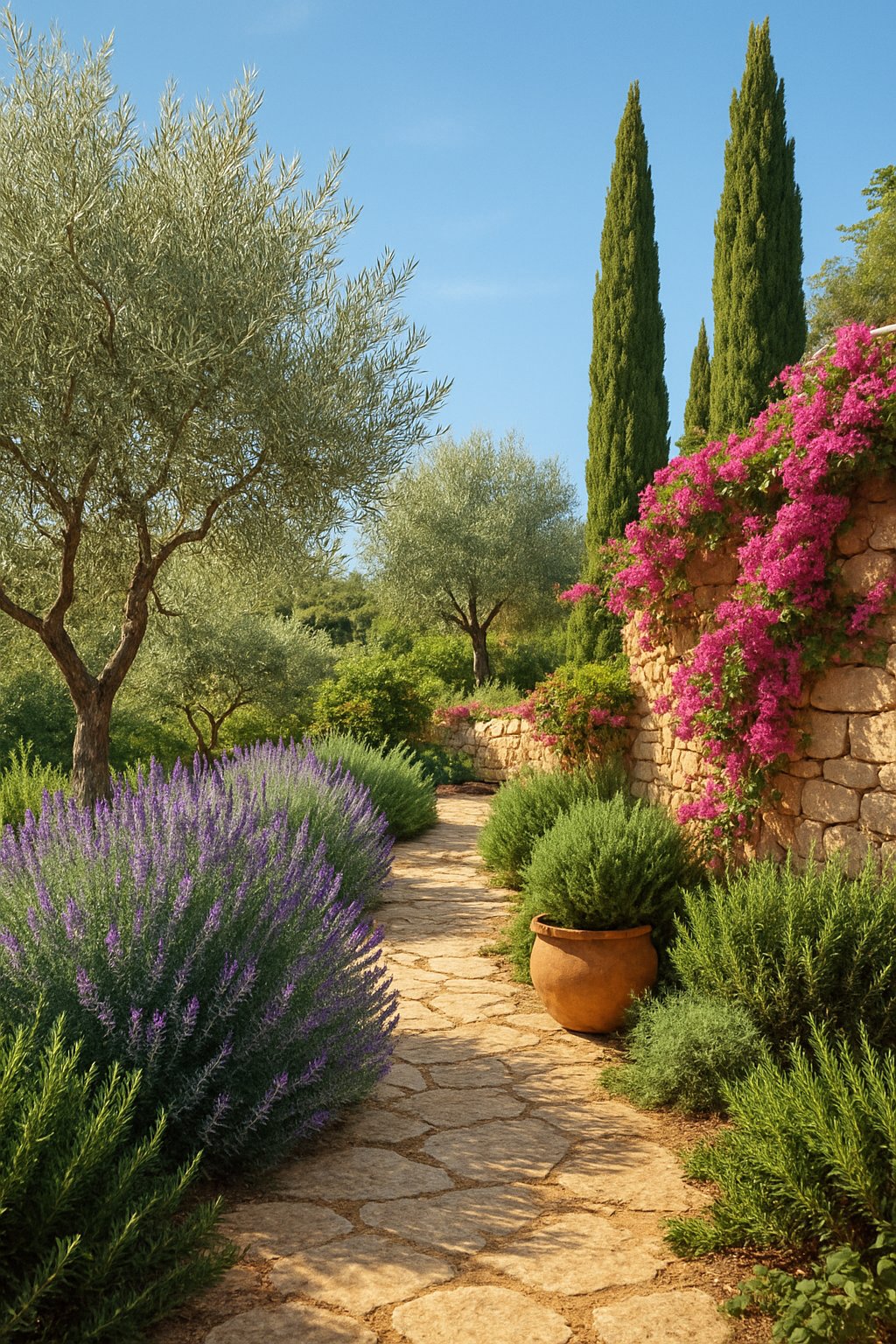 A sunny Mediterranean garden with olive trees, cypress trees, lavender, rosemary, bougainvillea, stone pathways, and terracotta pots.
