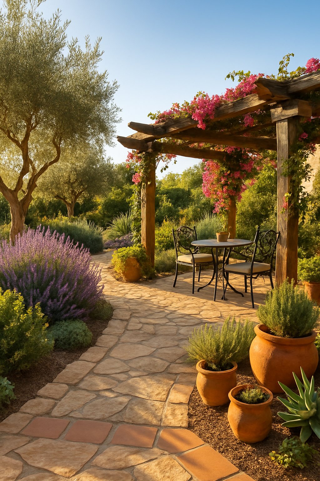 A sunlit Mediterranean garden with stone pathways, olive trees, flowering plants, and outdoor seating under wooden pergolas.
