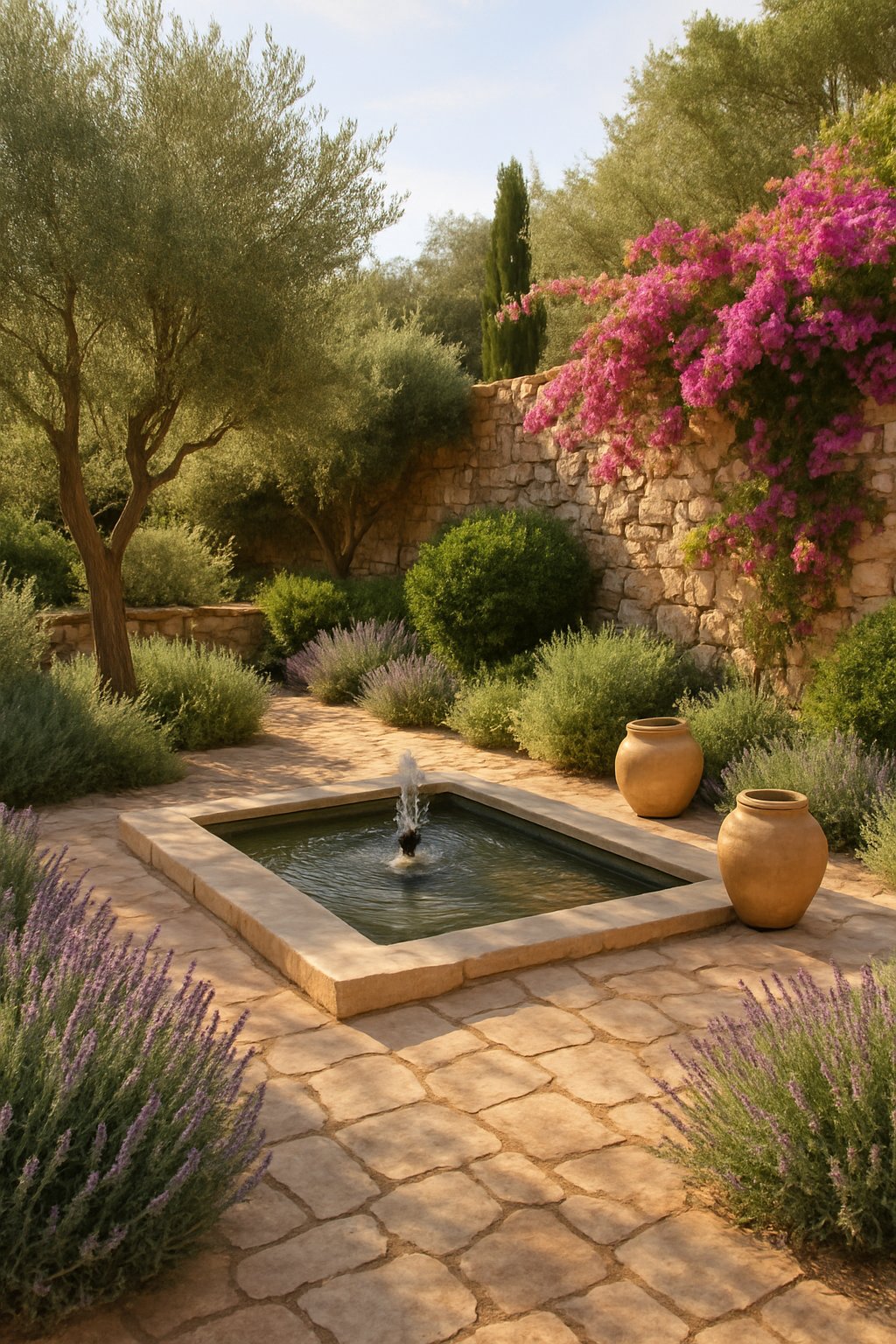 A tranquil Mediterranean garden with olive trees, colorful flowers, stone pathways, and a small water fountain under soft sunlight.