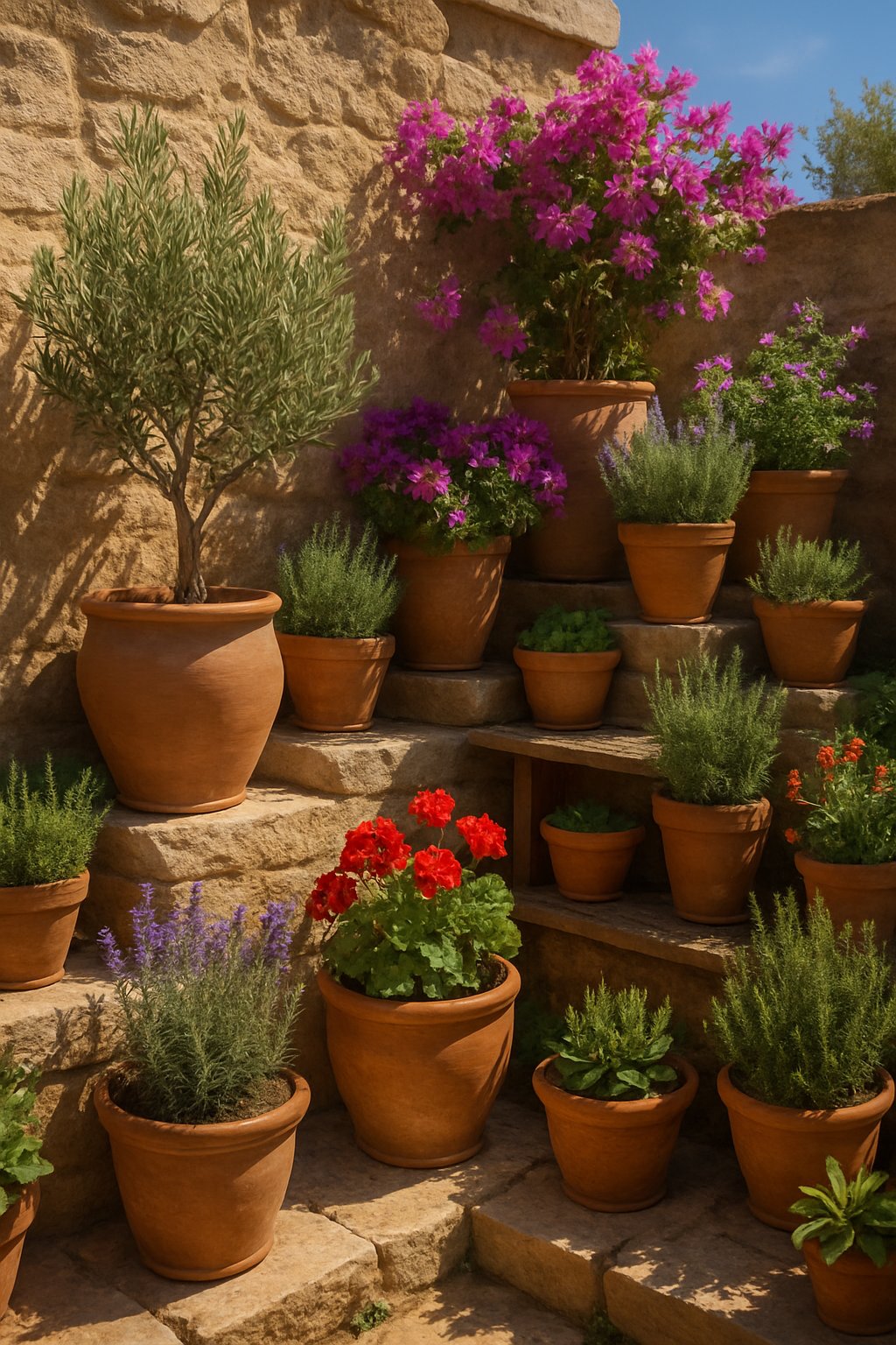 A sunlit Mediterranean garden with terracotta pots filled with olive trees, lavender, rosemary, succulents, and colorful flowers arranged on stone terraces and wooden shelves.