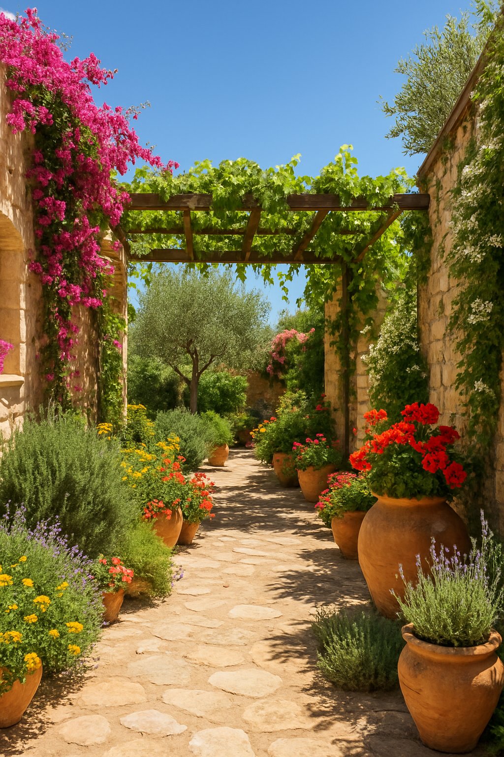 A sunny Mediterranean garden with climbing plants on trellises and stone walls, colorful flowers, terracotta pots, stone pathways, olive trees, and green herbs under a clear blue sky.