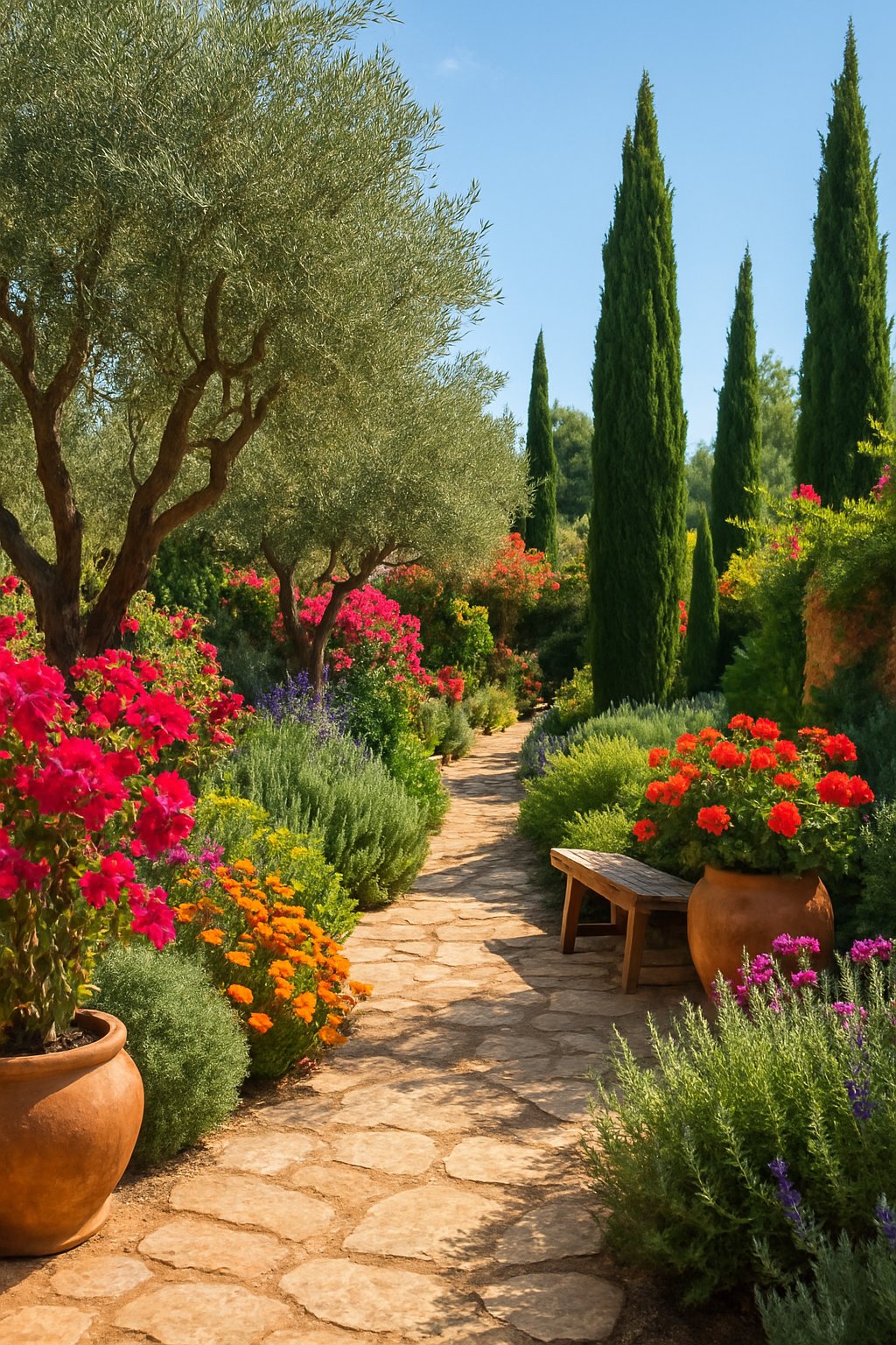 A sunny Mediterranean garden with lush green plants, colorful flowers, stone pathways, and wooden benches.