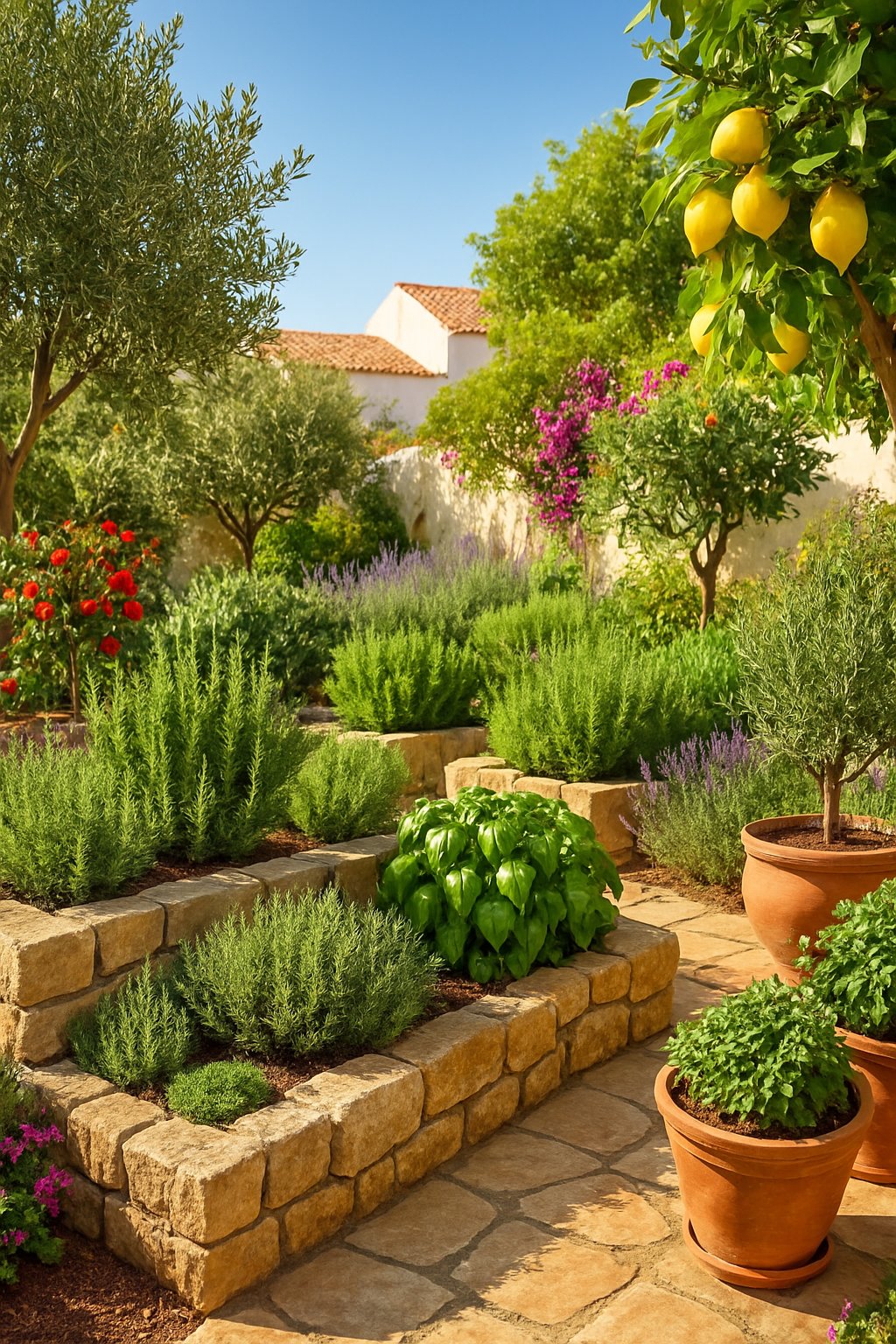 A sunlit Mediterranean garden with herbs, olive trees, lemon trees, and stone pathways surrounded by flowering plants.