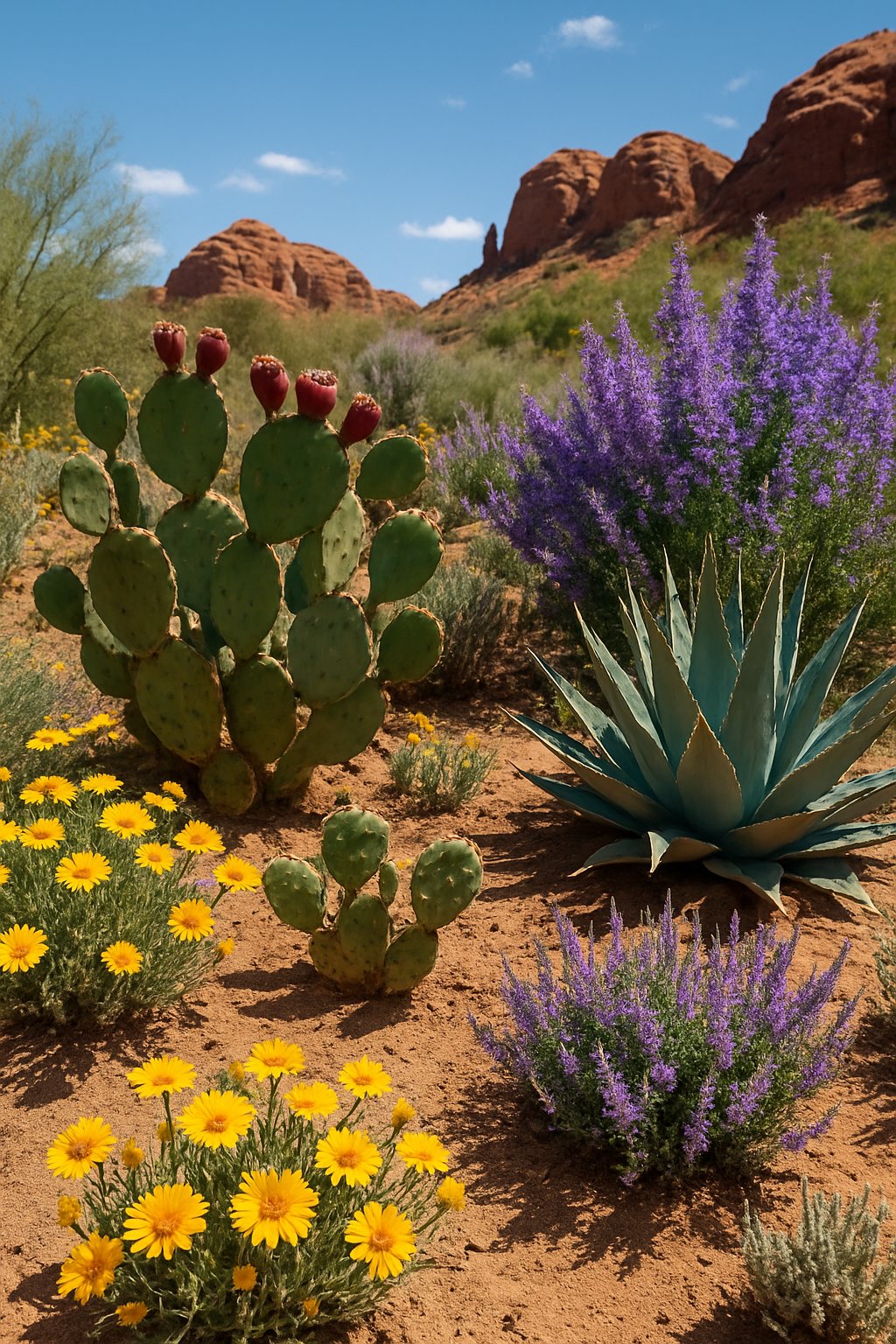 A sunlit Southwestern garden with various native plants including cacti, agave, desert marigolds, and desert sage set against red rock formations and blue sky.