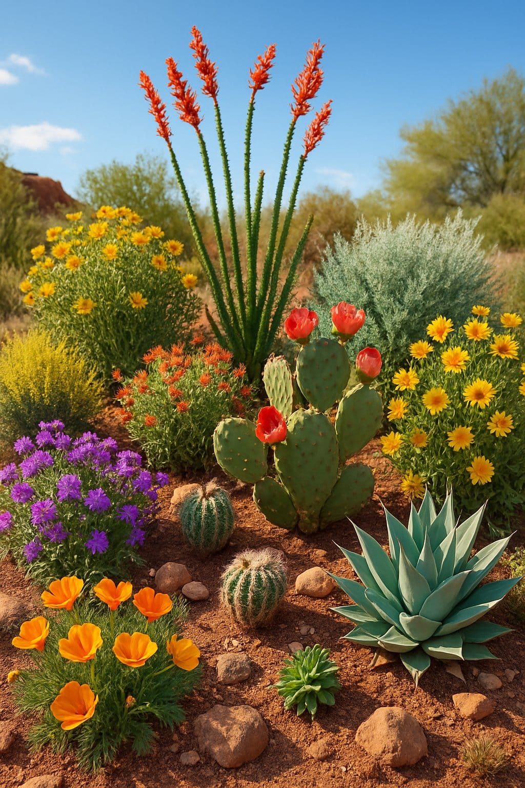 A thriving Southwestern garden with twelve native plants including cacti, succulents, and colorful wildflowers under a clear blue sky.