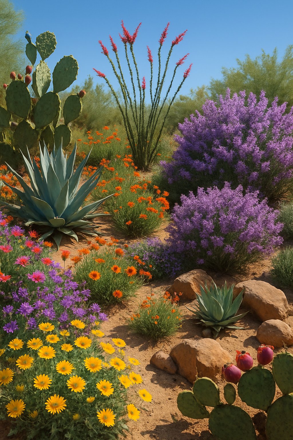 A thriving southwestern garden with various native plants including agave, ocotillo, desert marigolds, purple sage, and prickly pear cactus under a clear blue sky.