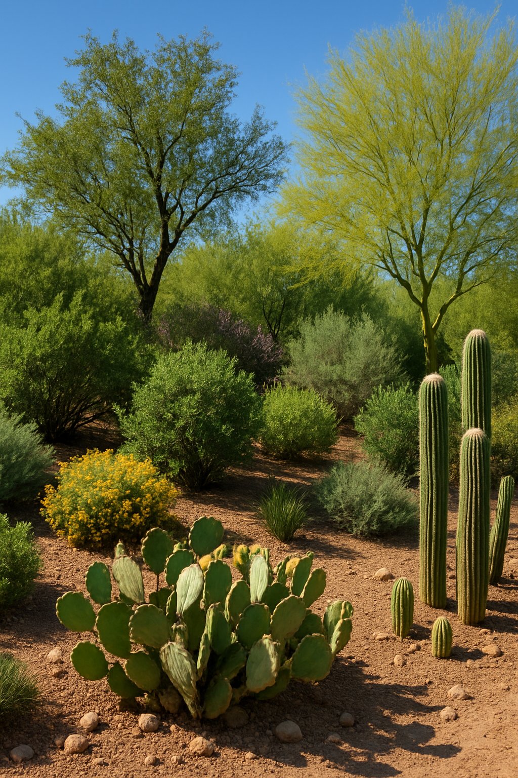 A southwestern garden with shrubs, trees, and cacti under a clear blue sky.