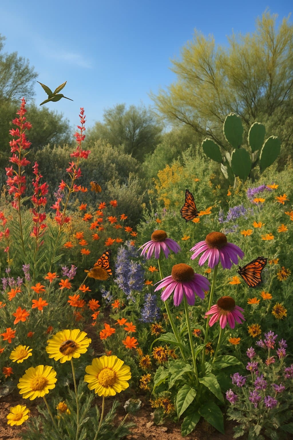 A southwestern garden with twelve native plants in bloom, visited by bees, butterflies, and hummingbirds among green shrubs and cacti.