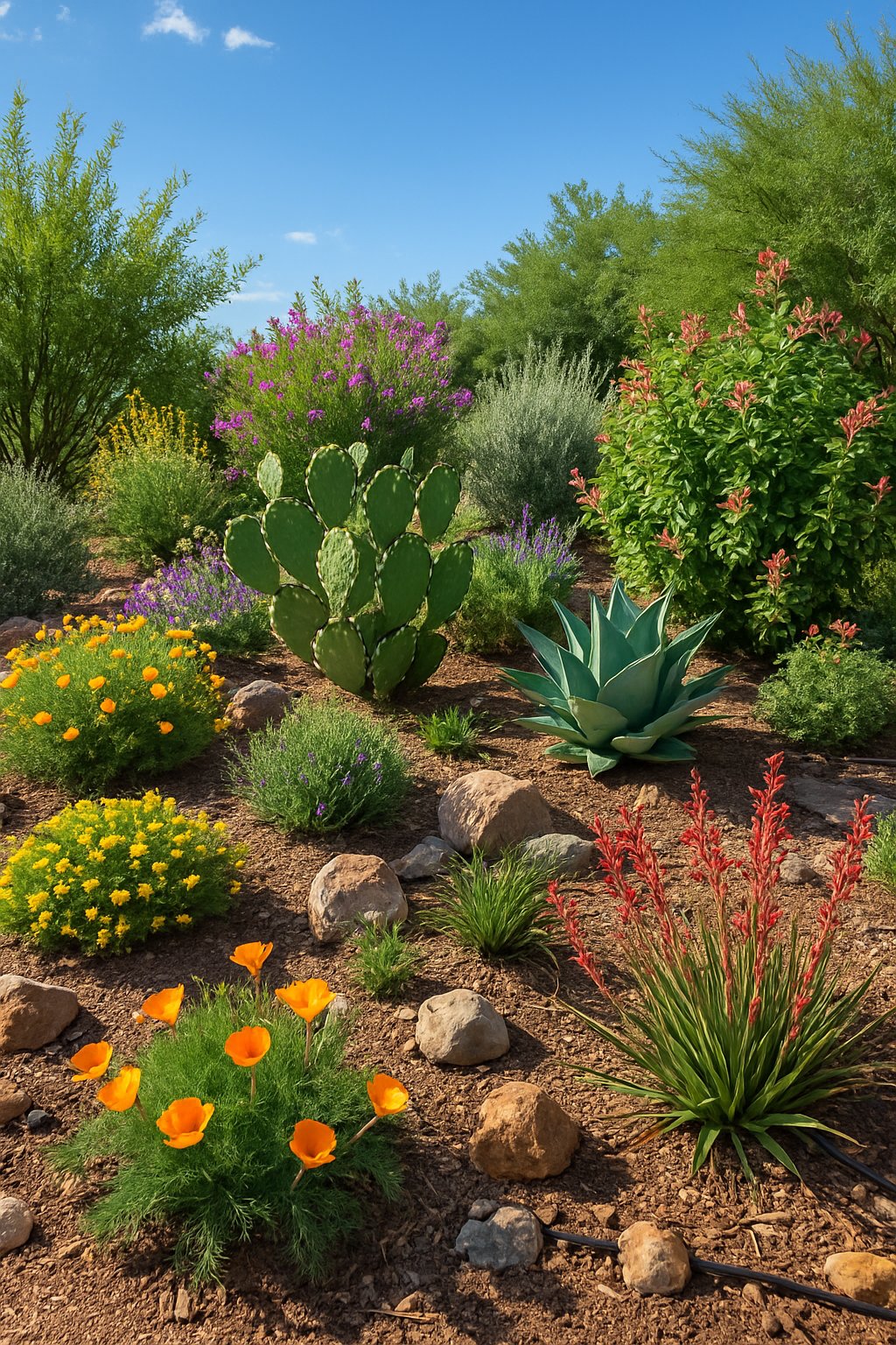 A thriving Southwestern garden filled with native desert plants, colorful wildflowers, cacti, and shrubs under a clear blue sky.