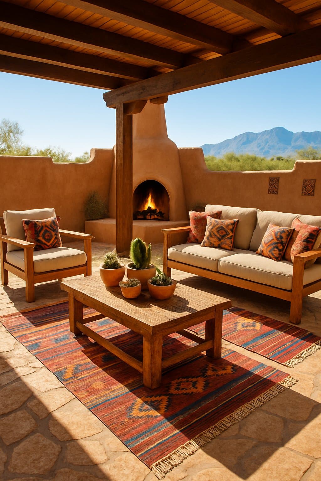 Outdoor patio with cushioned seating, a fireplace, desert plants, and a wooden pergola under a clear sky.