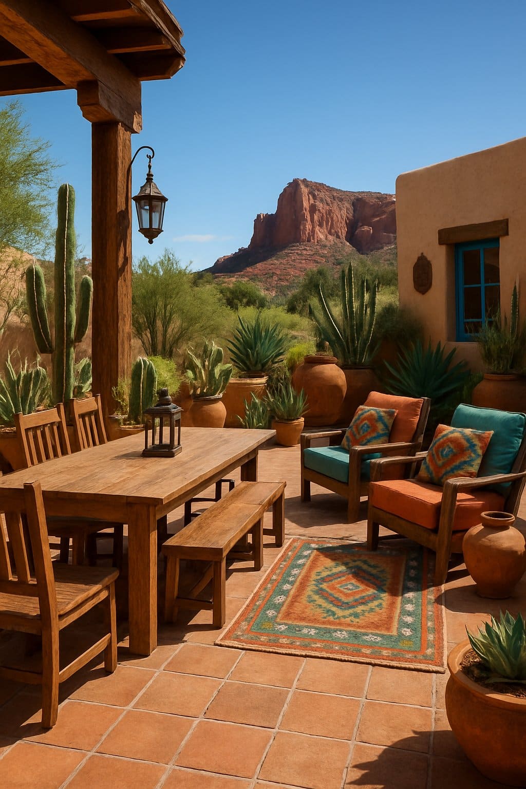 Outdoor patio with wooden furniture, colorful cushions, desert plants, and red rock formations in the background under a clear blue sky.