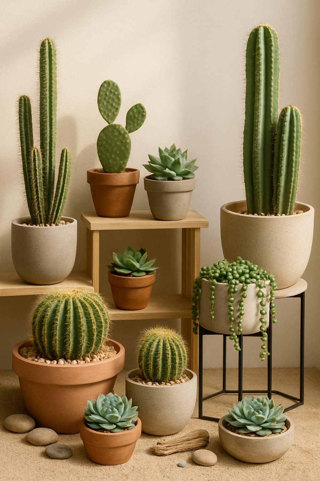A variety of cacti and succulents arranged in pots on shelves and stands with natural light and decorative stones.