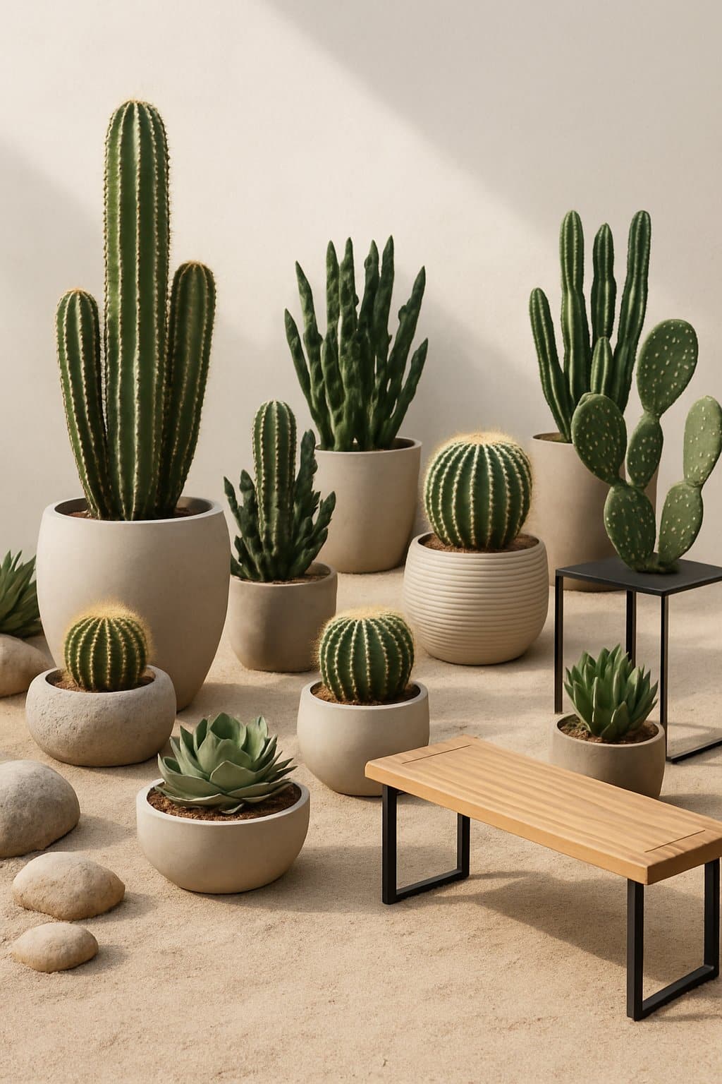 A well-arranged garden featuring various cacti and succulents in pots and stone planters with desert rocks and natural soil under soft sunlight.